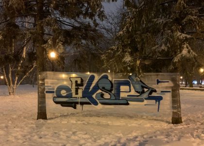 snow covered bench near trees during daytime